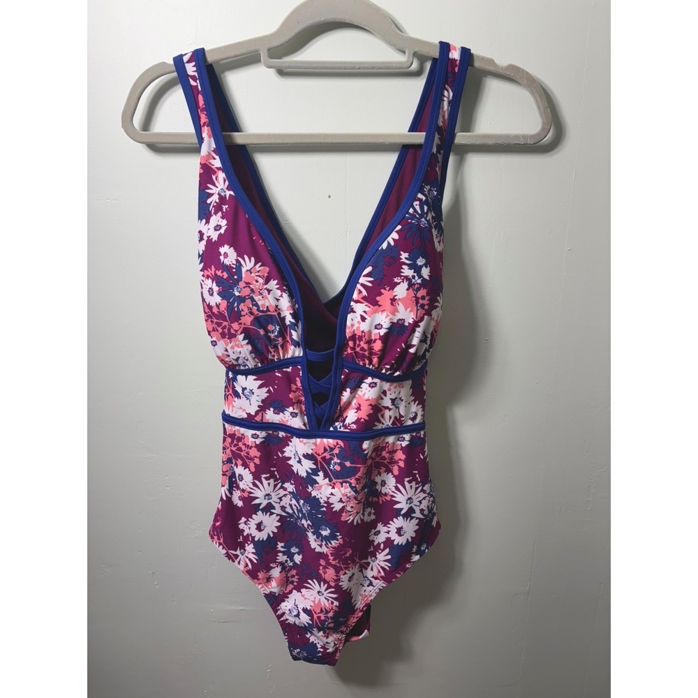Adore Me Floral One Piece Swimsuit 1X Pink Purple Plunge Cutout